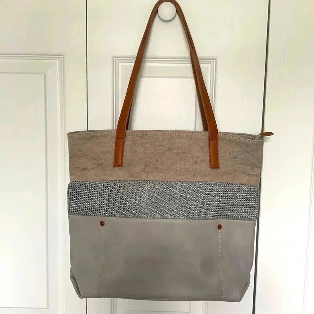 Clarks Gray Leather and Canvas Zip Top Tote